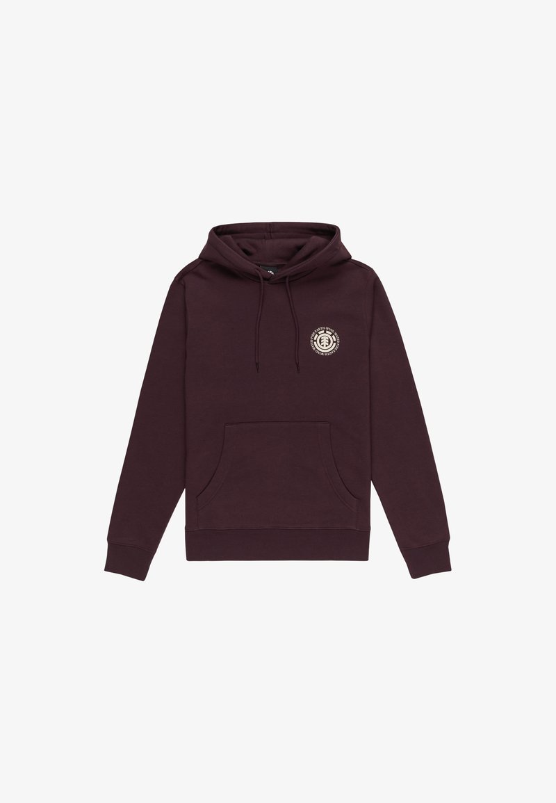 Sudadera burdeos con un bolsillo frontal, capucha con cordón y logo circular en el pecho. Textura suave con puños y dobladillo acanalados.