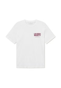 White cotton t-shirt with short sleeves and a crew neckline. Features a burgundy graphic print on the left chest reading "LES DEUX SOCIETY."