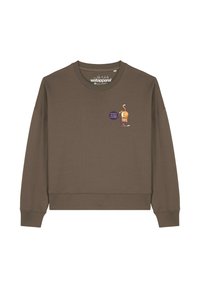 Brauner Sweatshirt mit langen Ärmeln, Rundhalsausschnitt und lockerer Passform. Mit einem Cartoon-Charakter und einem Text-Graphic auf der Vorderseite.
