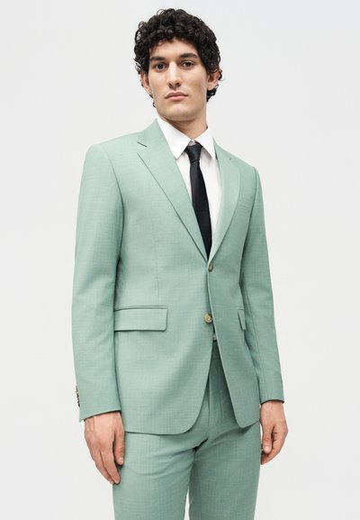 Άνδρας με κοντά κατσαρά μαλλιά, ντυμένος με κοστούμι μέντας, λευκό πουκάμισο και μαύρη γραβάτα, στέκεται μπροστά σε απλό φωτεινό φόντο.