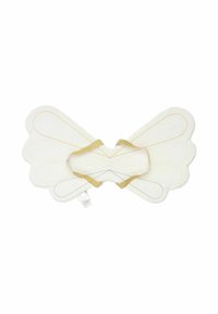 Fehér szövetből készült pillangószárnyak arany és kék varrással díszítve, középen megkötővel rögzíthető. Texturált szövetmintázat.