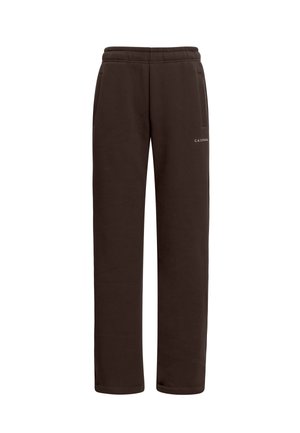 Brune joggebukser laget av mykt stoff, med en avslappet passform, to sidelommer og en logo trykt på venstre hofte.