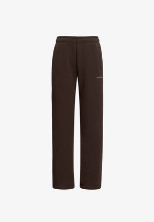 Brune sweatpants lavet af blødt stof, med en afslappet pasform, to sidelommer og et logo trykt på venstre hofte.