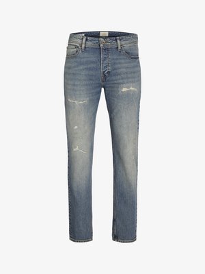 Hellblaue Jeans aus Denim mit geradem Bein, mit distressierten Details auf der Vorderseite und klassischem Fünf-Taschen-Stil sowie einem Reißverschluss.