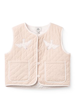 Chaleco sin mangas acolchado beige con botones frontales, dos bolsillos y apliques de pájaros blancos en el pecho.