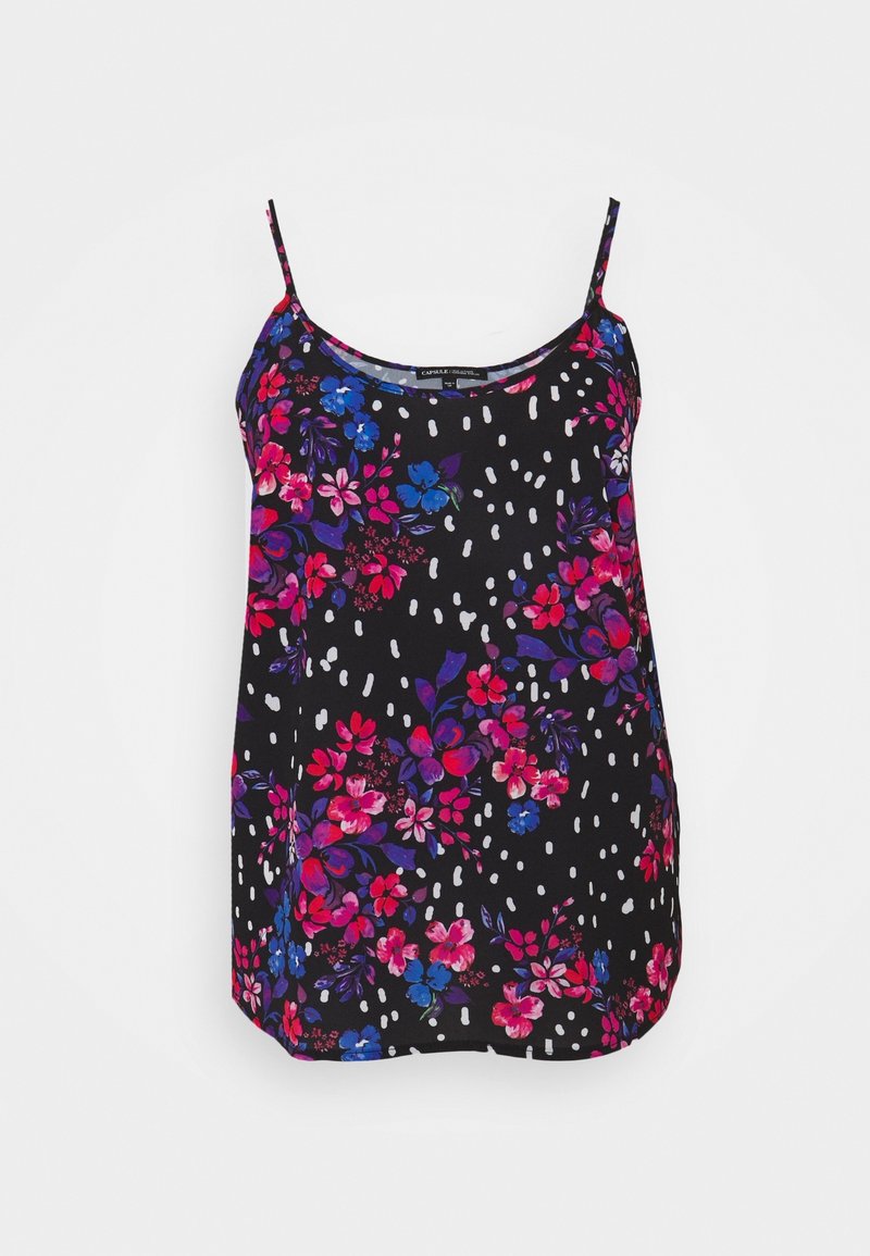 Haut noir sans manches avec fines bretelles, avec un imprimé floral rose vif, violet et bleu et des points blancs éparpillés.