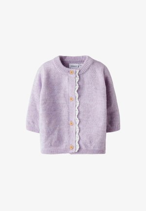 Lilac wool cardigan with long sleeves, round neckline, wooden buttons, and a decorative white lace trim along the front.