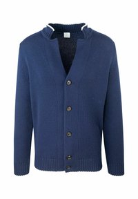 Cardigan lavorato a maglia blu navy con scollo a V, cinque bottoni marroni, polsini a coste e un tessuto testurizzato. Caratterizzato da un colletto a contrasto.