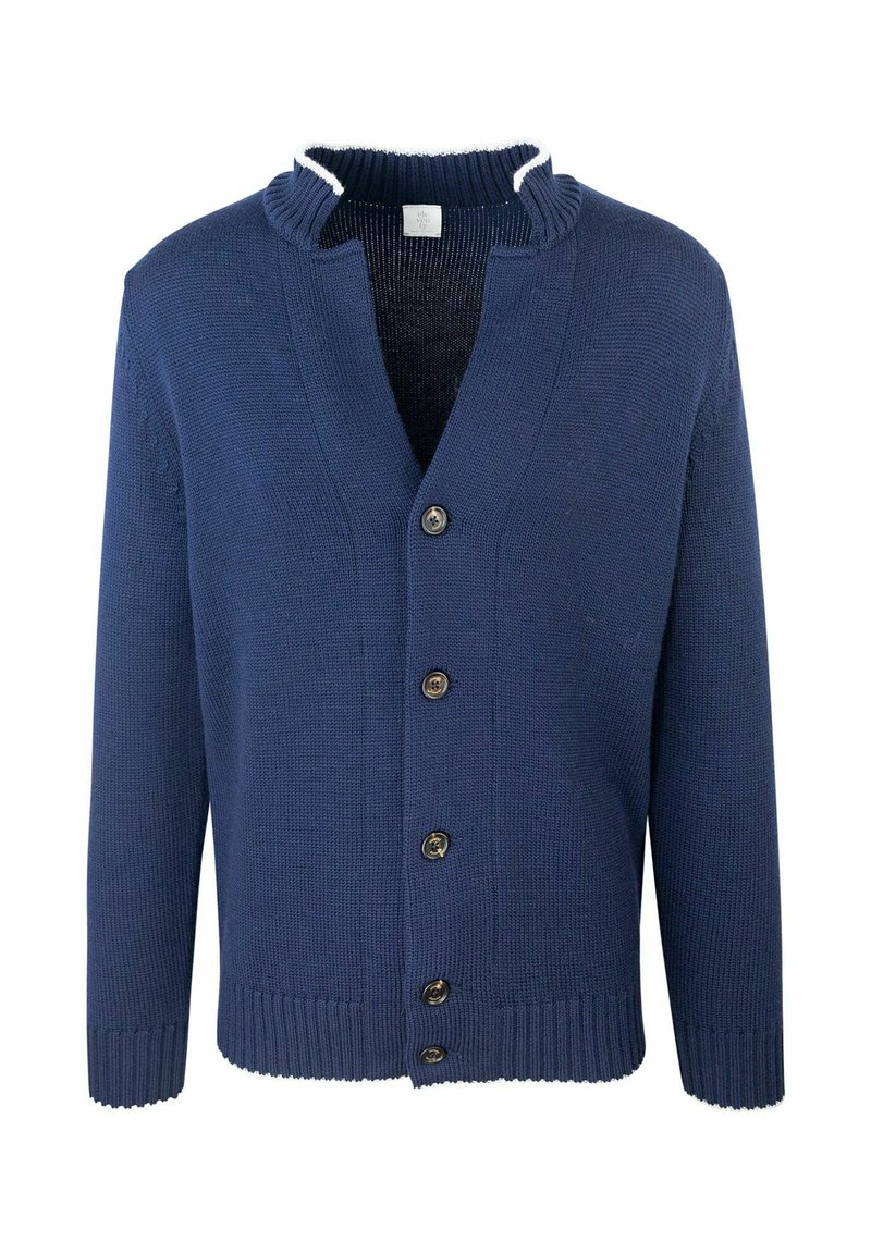 Cardigan lavorato a maglia blu navy con scollo a V, cinque bottoni marroni, polsini a coste e un tessuto testurizzato. Caratterizzato da un colletto a contrasto.