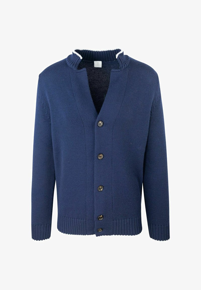 Cardigan lavorato a maglia blu navy con scollo a V, cinque bottoni marroni, polsini a coste e un tessuto testurizzato. Caratterizzato da un colletto a contrasto.