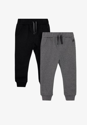 Two pairs of children's jogger pants, one black with grey drawstrings, one grey with black drawstrings, both with front pockets and elastic cuffs.