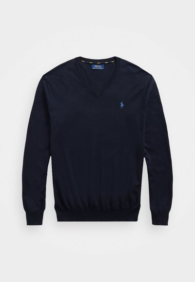 Marineblå v-hals pullover sweater lavet af bomuldsblanding, med ribbede manchetter og kant, samt et blåt broderet polo-logo på brystet.
