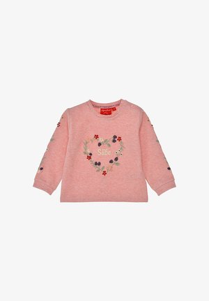 Rosa langärmliges Kleinkind-Sweatshirt mit gesticktem Blumenherz und dem Wort "Süße" mittig auf der Vorderseite.