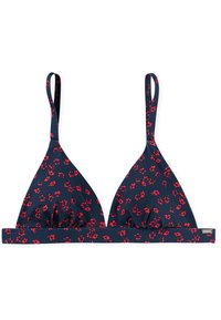 Mørkeblå trekantet bikini-top med rødt blomsterprint, justerbare stropper og en fast kant. Glat tekstur, ingen bøjle.
