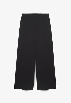 Pantalon noir à jambes larges en tissu lisse, taille élastique, deux poches latérales et longueur raccourcie, présentant un design minimaliste.
