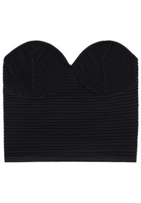 Haut noir sans bretelles avec texture nervurée, présentant un col en forme de vagues et une coupe ajustée. Tissu lisse avec des plis verticaux sur toute la surface.