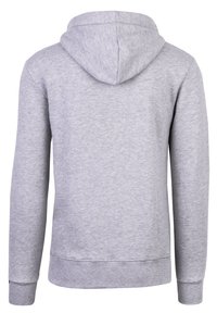 Grijze hoodie met een zachte textuur, lange mouwen en ribgebreide manchetten en zoom. Heeft een grote capuchon aan de achterkant zonder zakken.