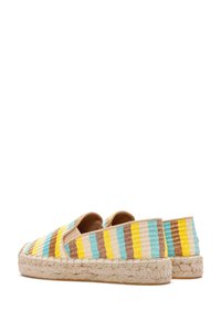 Gestreepte espadrilles met geweven stof in turquoise, geel en bruin, met een natuurlijke jute zool en een instapontwerp. Gelaagd afwerking.