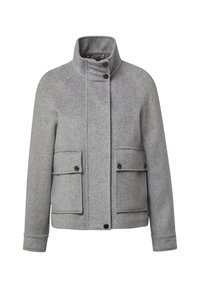 Grau melierte Wolljacke mit hohem Kragen, Raglanärmeln, zwei Vordertaschen und schwarzen Knopfverschlüssen. Herringbone-Strukturdetails.