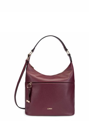 Sac à bandoulière en cuir rouge foncé avec fermeture éclair dorée, pompon décoratif et logo L.CREDI sur le devant, sur fond blanc.