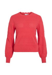 Koraalrode gebreide trui met diamant- en geribbelde patronen, lange opgeblazen mouwen en geribbelde manchetten en zoom.