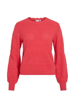 Korallpunane kootud kampsun teemant- ja soonikmustritega, pikad punnitatud varrukad ning soonikkoes mansetid ja alläär.