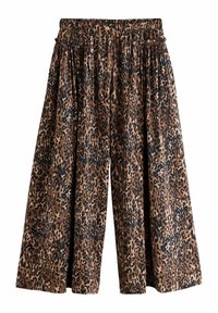 Leopard-print culottes with an elastic waistband. Brown base with black spots, wide-leg design, lightweight fabric, featuring gathered detail.