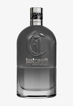 Flacon de parfum Just Cavalli Wild Heart dégradé mat du noir à transparent, avec un bouchon argenté et un logo en relief à l'avant.