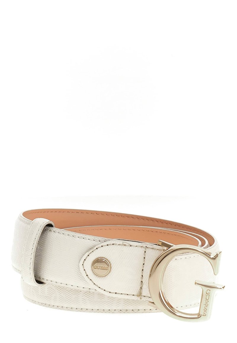 White leather belt featuring a textured finish, gold-tone metal buckle shaped like a "G," and a simple snap closure.