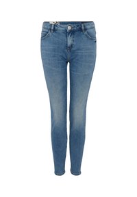 Jean skinny bleu clair pour femmes avec bouton à l'avant, fermeture éclair, passants pour ceinture et poches avant sur fond blanc.