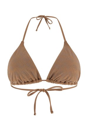 Top bikini marrone a triangolo con laccetti regolabili al collo e sul retro, caratterizzato da un sottile motivo a diamanti con piccoli borchietti decorativi.