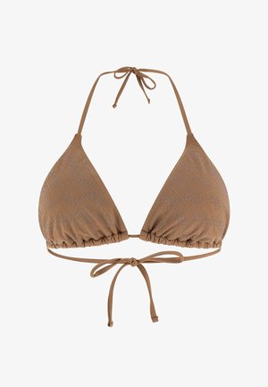 Bruin driehoekig bikinitopje met verstelbare nek- en rugstrikjes, met een subtiel diamanten patroon en kleine decoratieve studs.