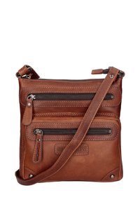 Borsa a tracolla in pelle marrone con diverse tasche con zip, finitura liscia e texture. Dotata di tracolla regolabile, patch con logo e accenti in metallo.