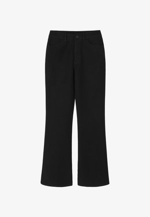 Mustat leveät housut, jotka on valmistettu puuvillasta, varustettu nappikiinnityksellä, kahdella etutaskulla ja siistillä, minimalistisella muotoilulla ilman kuvioita.