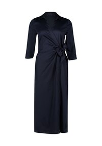 Navy wrap dress with three-quarter sleeves, a collar, and a tied waist. Made of a smooth, lightweight fabric with a soft texture.