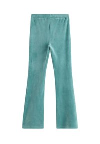 Legging leveni pekee upande wa baharini kwa kitambaa laini cha buluu, chenye texture laini na ukanda wenye elastiki. Seam za tambarare bila vifaa vyovyote vinavyoonekana au mipangilio.