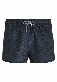 Marine zwemshorts met een zwart zebra-streeppatroon, elastische tailleband en contrasterend witte koord. Gemaakt van soepel, lichtgewicht materiaal.