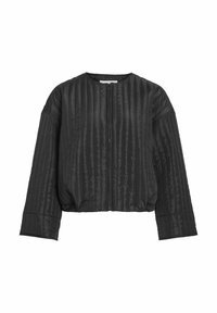 Juodos siuvinėtos striukės su apvalia iškirpte, priekiniais užtrauktukais ir nuleistais pečiais. Pasižymi horizontaliomis raukšlėmis ir trumpintą siluetą.