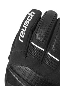 Black gloves with textured leather and soft fabric. Features white stripes and logo on the wrist area, stitched for durability.