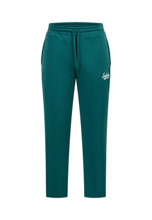 Pantaloni sportivi color teal con vita regolabile, gambe affusolate e un logo bianco sulla parte frontale sinistra. Realizzati in materiale morbido e flessibile.