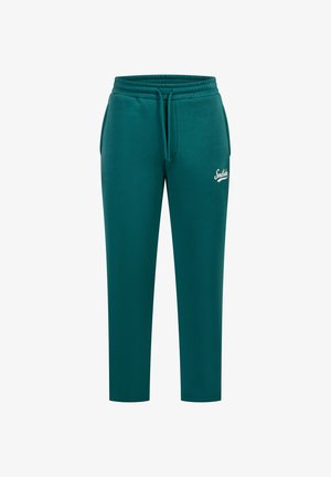 Pantaloni sportivi color teal con vita regolabile, gambe affusolate e un logo bianco sulla parte frontale sinistra. Realizzati in materiale morbido e flessibile.