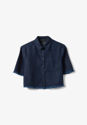 Dark blue denim cropped short-sleeve shirt with buttons, pointed collar, front pocket, and frayed edges on sleeves and hem.