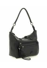 Borsa a tracolla in pelle nera con finitura testurizzata, una tracolla singola e due tasche con zip sul davanti. Accenti in metallo argentato.
