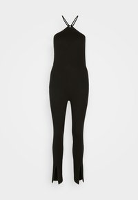 Combinaison noire sans manches avec un col montant, une taille cintrée, des jambes slim et des fentes à l'avant des ourlets.