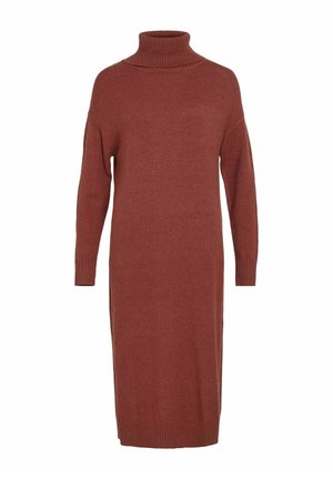 Abito a maglia lungo color rosso mattone con collo alto a coste, maniche ampie e polsini e orlo a coste, realizzato in un materiale morbido al tatto.