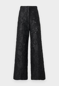 Wide-leg black trousers made of textured fabric with a floral pattern. Features a high waist and a smooth finish.