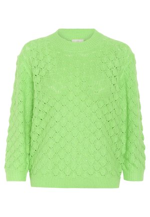 Knitted sweater in neon green with a textured, scalloped pattern. Features a round neckline and ribbed cuffs and hem.