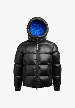 Black puffer jacket with a blue interior, zip closure, and adjustable hood. Features three-dimensional quilted texture and prominent branding.