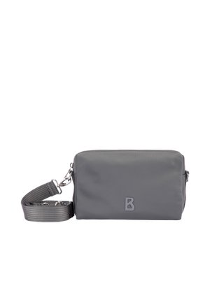 Borsa a tracolla rettangolare grigia con tracolla regolabile e chiusura con zip, con lettera B in rilievo sul davanti.
