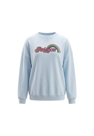 Lyseblå sweatshirt med lange ærmer, ribbet manchetter og kant, med ordet "Rainbow" og en farverig regnbuegrafik foran.
